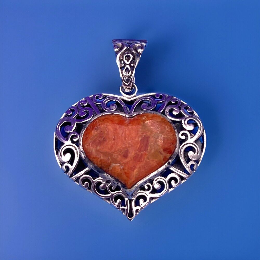 Vintage Orange Spiny Oyster Heart Sterling Pendant 925 NK Thailand